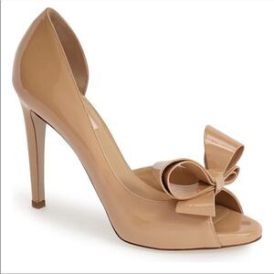 REVOLVE VALENTINO Patent Leather D’Orsay Bow Accents Nude Tan Pumps